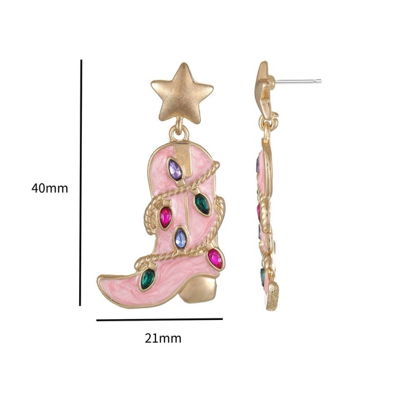 Pink Star Top Cowboy Boot Earrings with Multicolor Gems - Picture 3 of 3